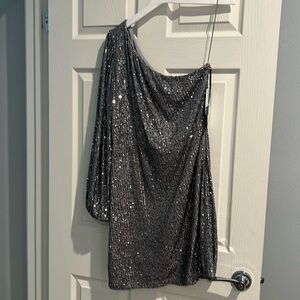 One shoulder silver sequin holiday dress
